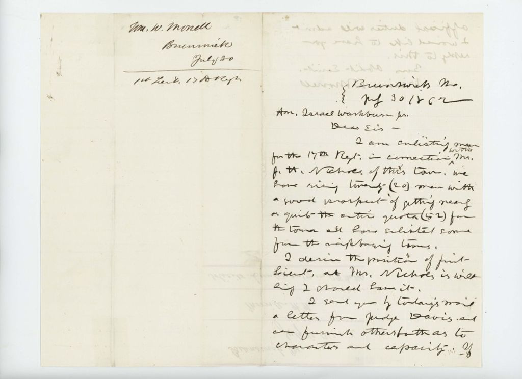 Miniature of William Morrill requests position as lieutenant