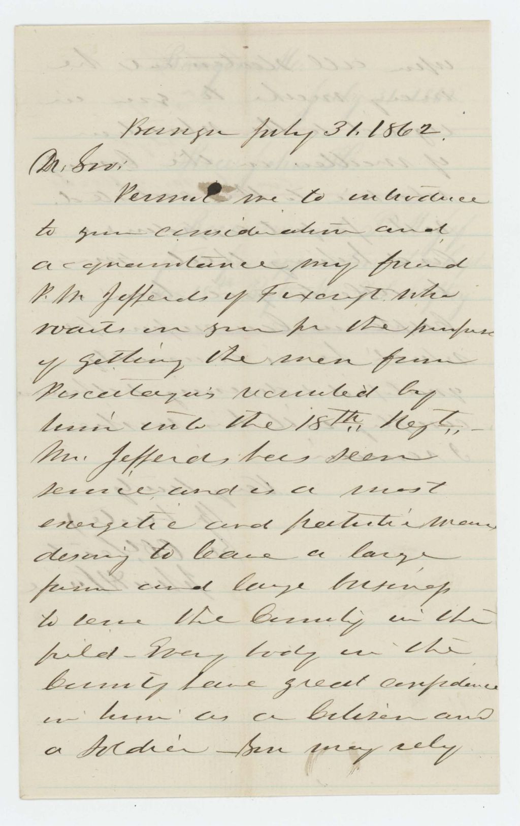 Miniature of John H. Rice recommends P.M. Jeffords for appointment as Captain in the 18th Maine Regiment