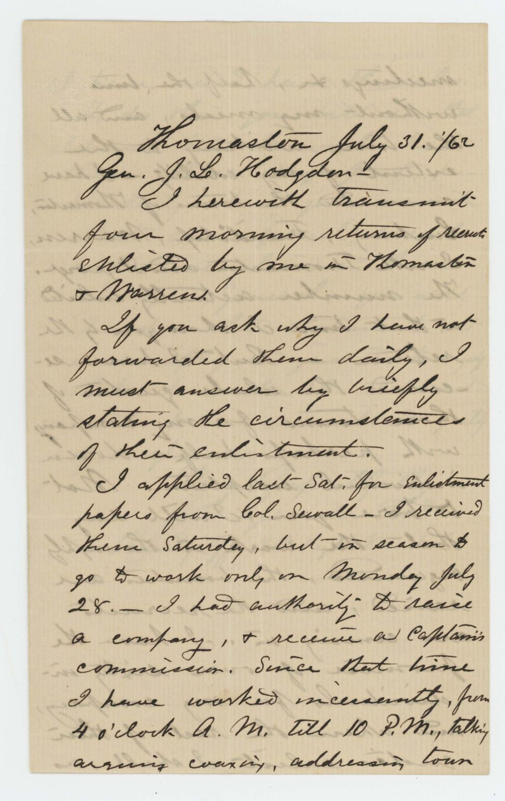 Miniature of Lysander Hill sends four morning returns of men recently enlisted in Thomaston and Warren