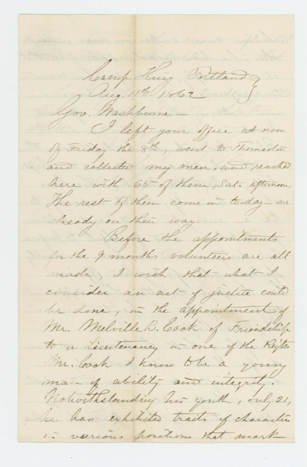 Miniature of Lysander Hill recommends Melvin Cook for lieutenant
