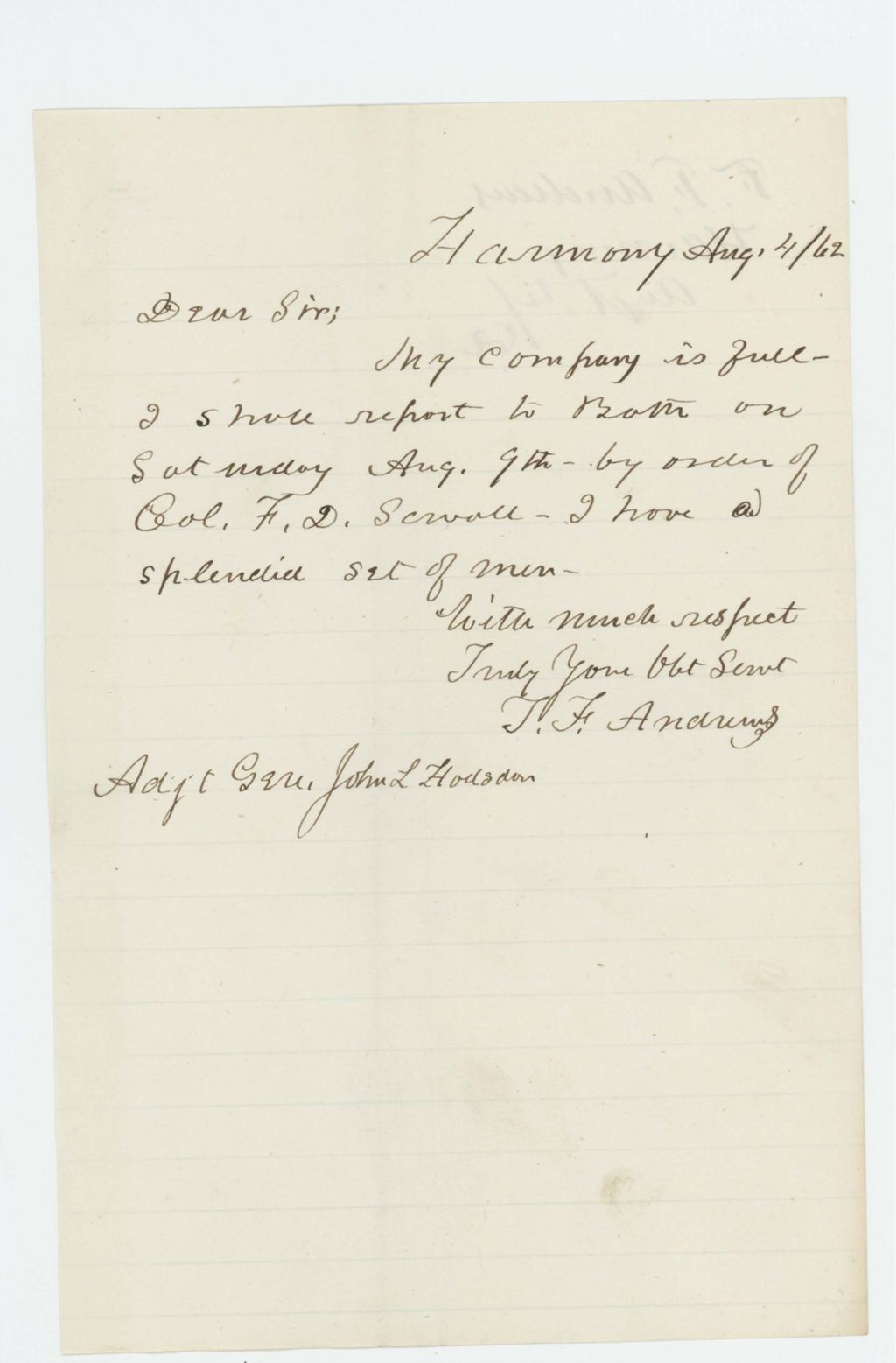 Miniature of T.F. Andrews writes that his company is full and will report to Bath August 9