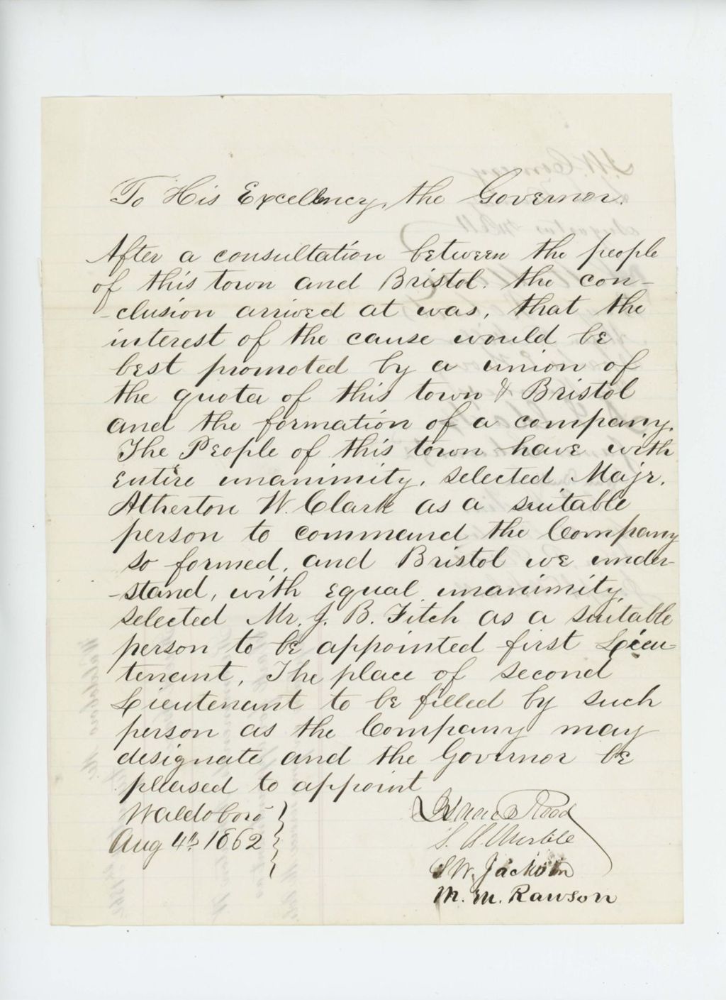 Miniature of Isaac Reed and others recommend Atherton Clark as lieutenant