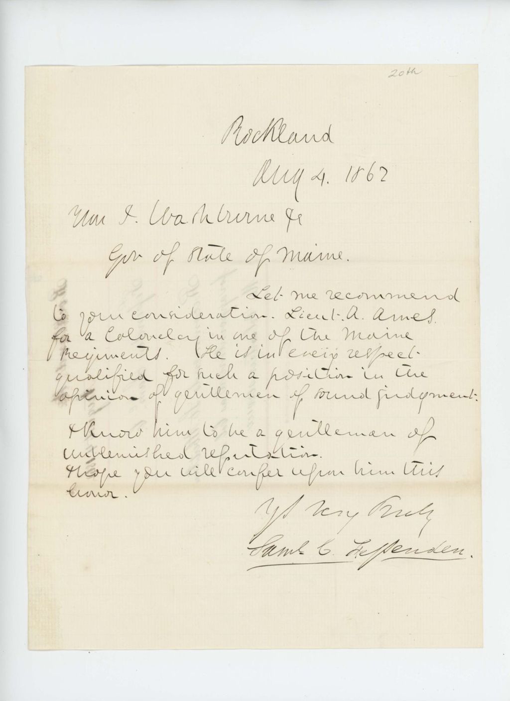 Miniature of Samuel Fessenden recommends Lieutenant Adelbert Ames for promotion to Colonel