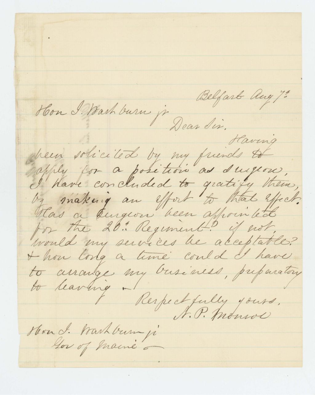 Miniature of Nahum P. Monroe offers his services as a surgeon