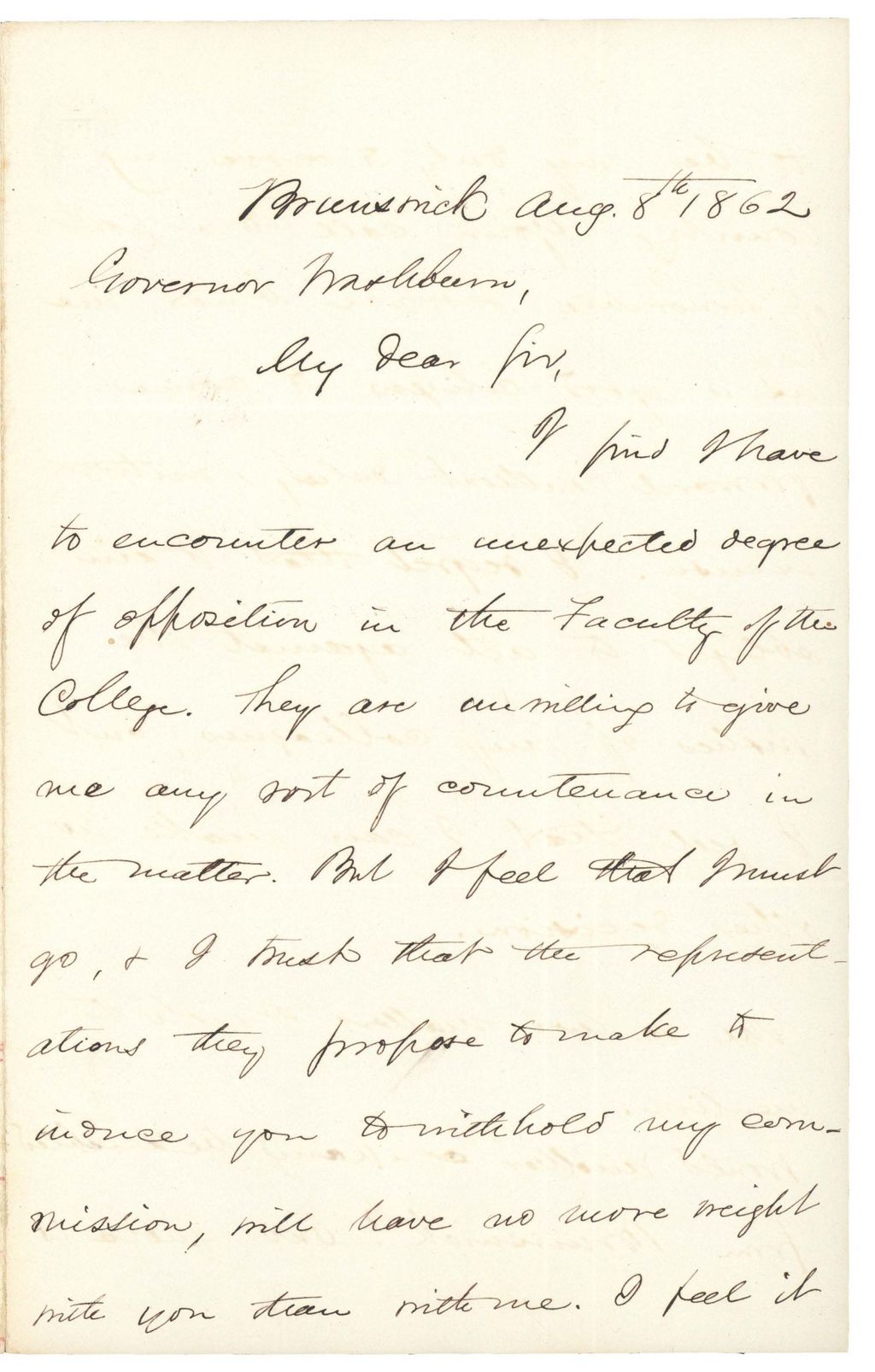 Miniature of Chamberlain writes to Governor Washburn regarding faculty opposition to his commission