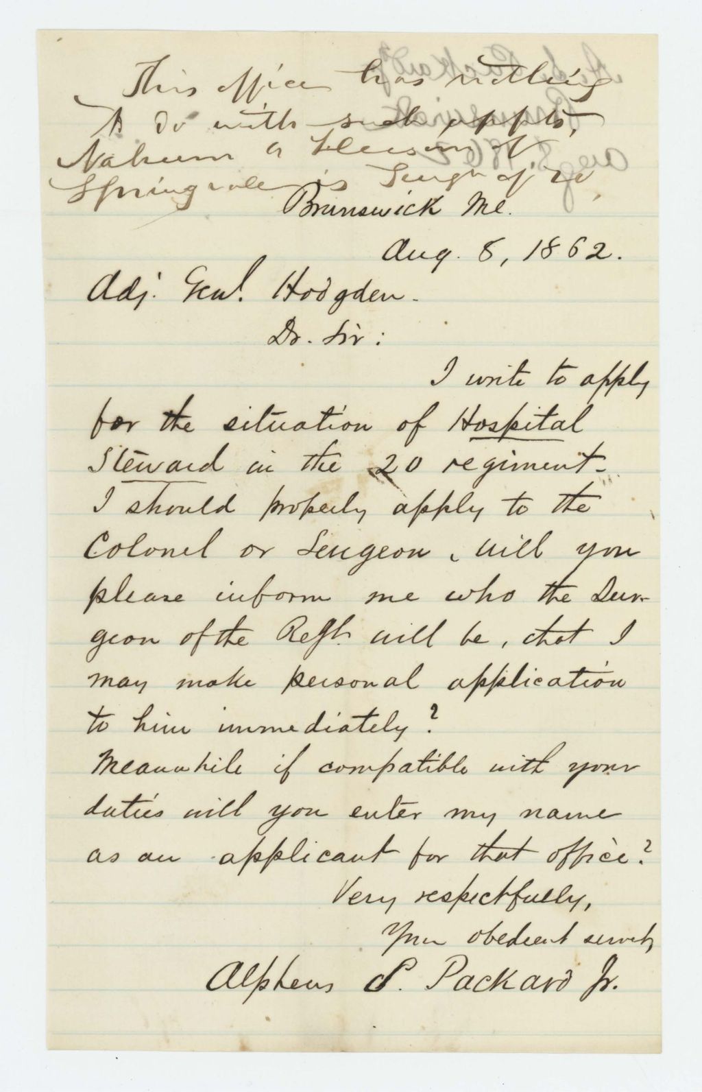 Miniature of Alpheus Packard Jr. applies for position as hospital steward