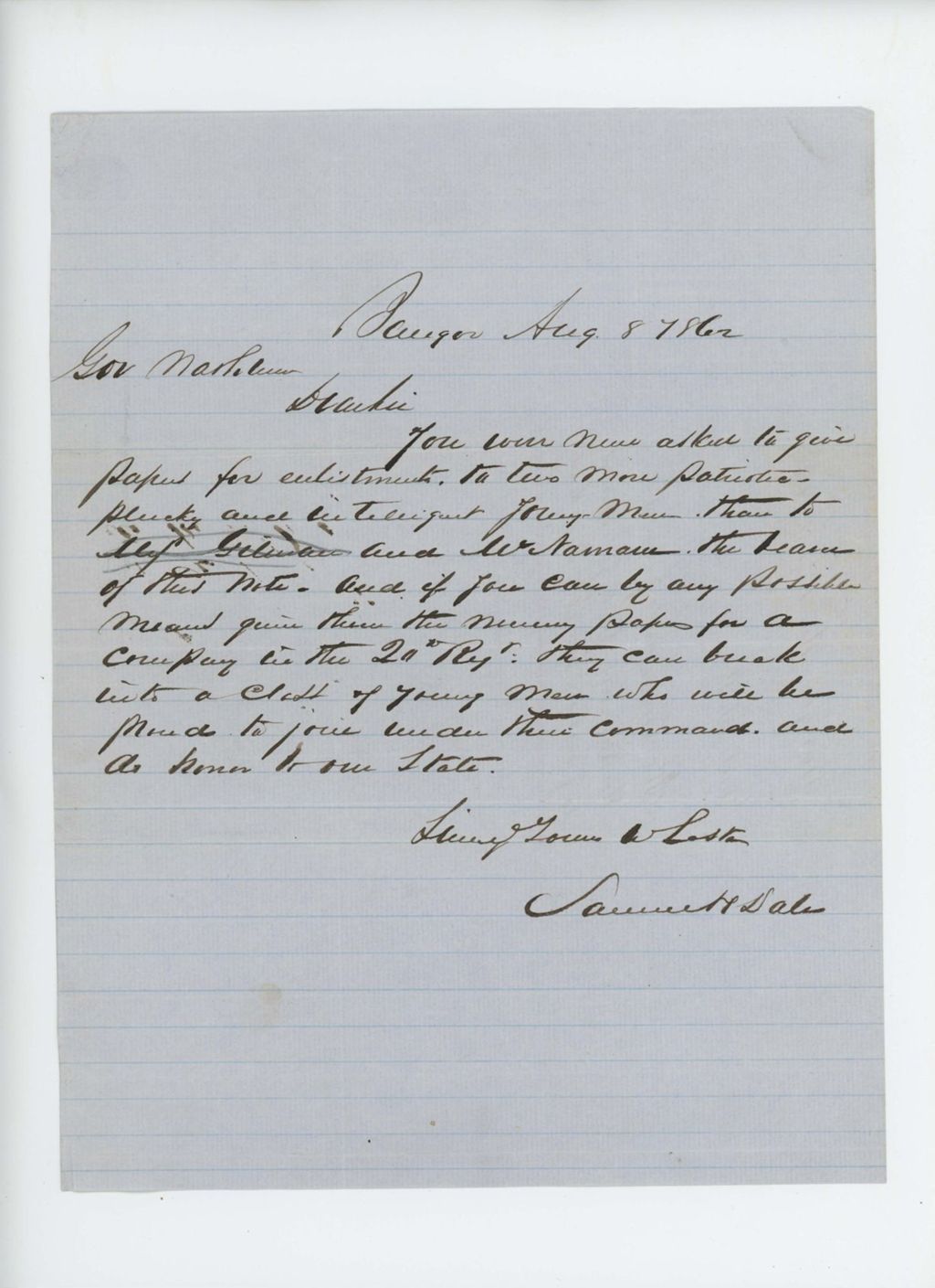 Miniature of Samuel H. Dale recommends John McNamara for appointment in the regiment