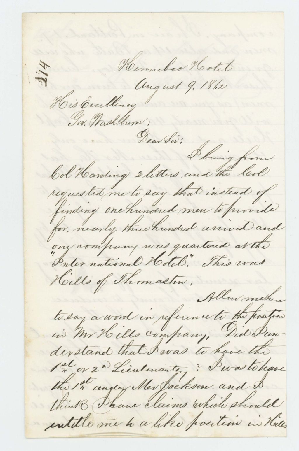 Miniature of P.M. Fogler inquires about a lieutenancy in Hill's company
