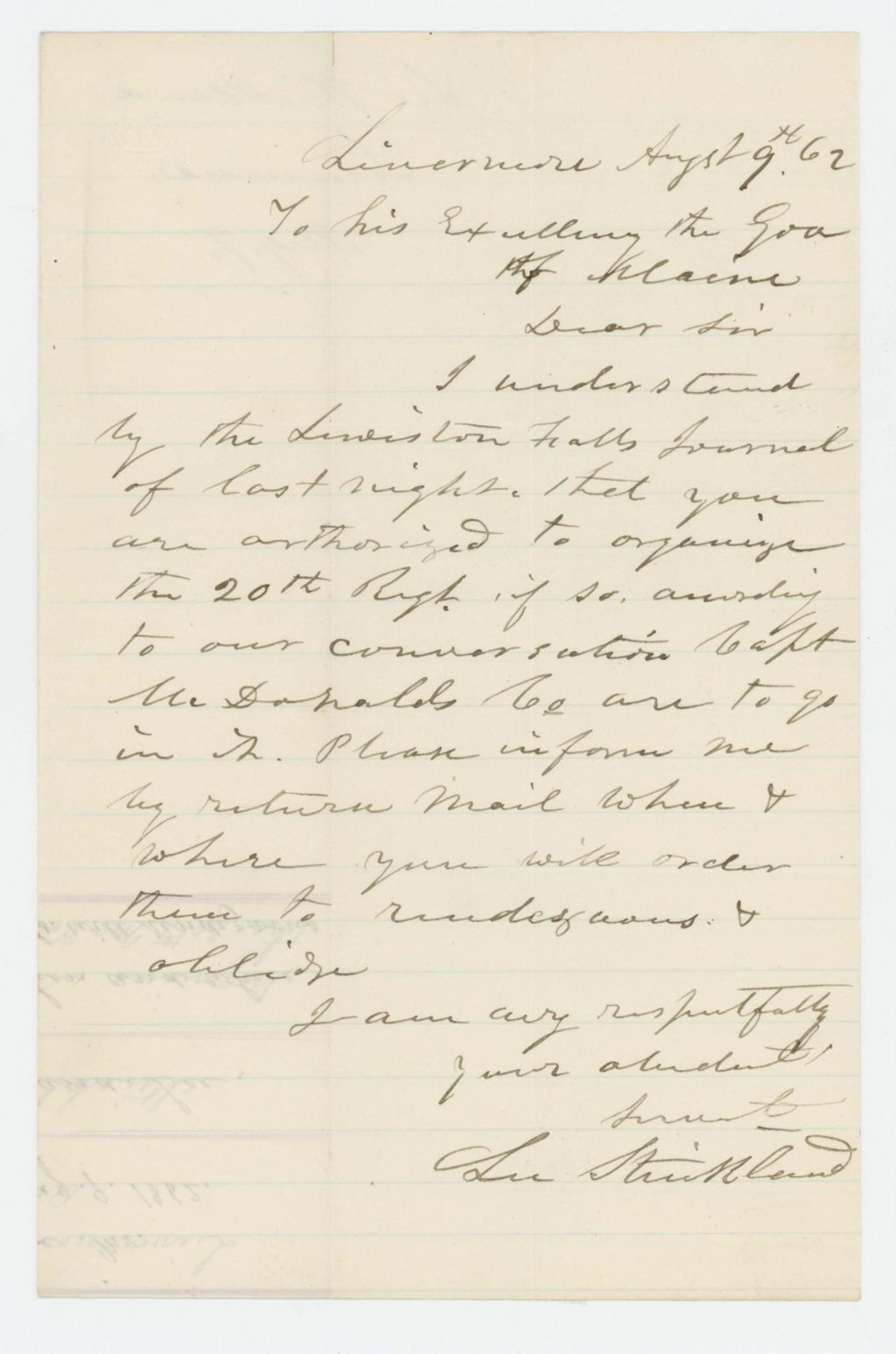 Miniature of Lee Strickland inquires when and where the 20th Maine Regiment will rendezvous