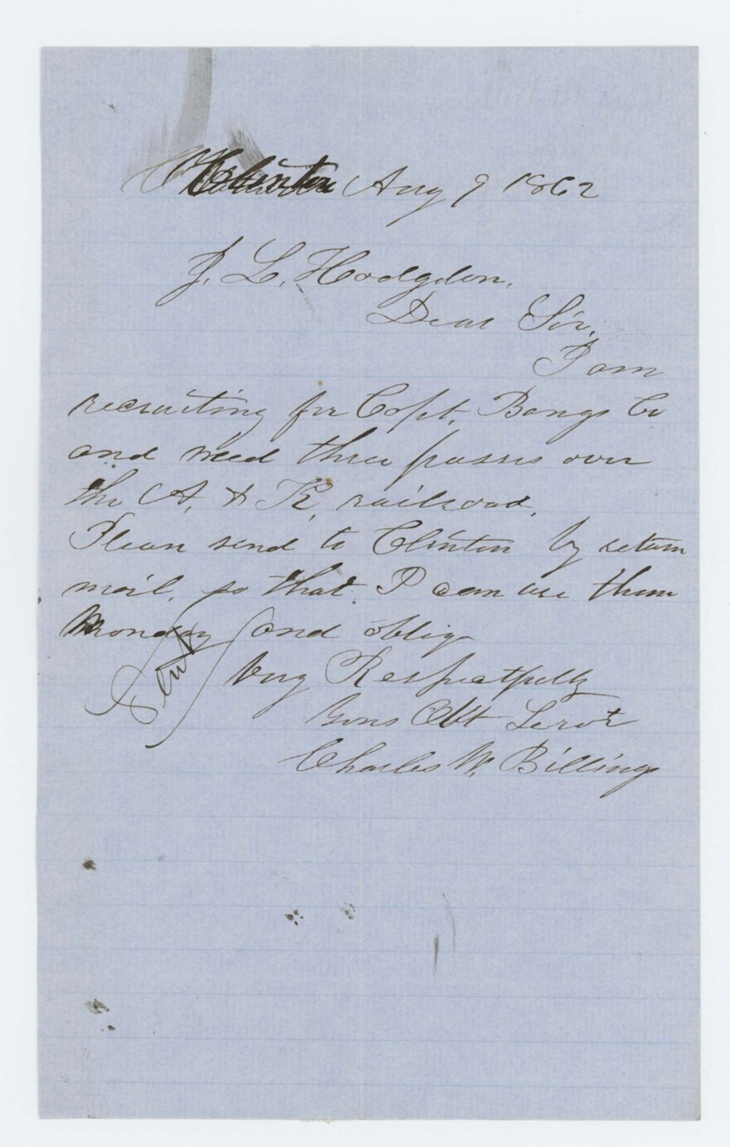 Miniature of Charles W. Billings inquires about recruiting