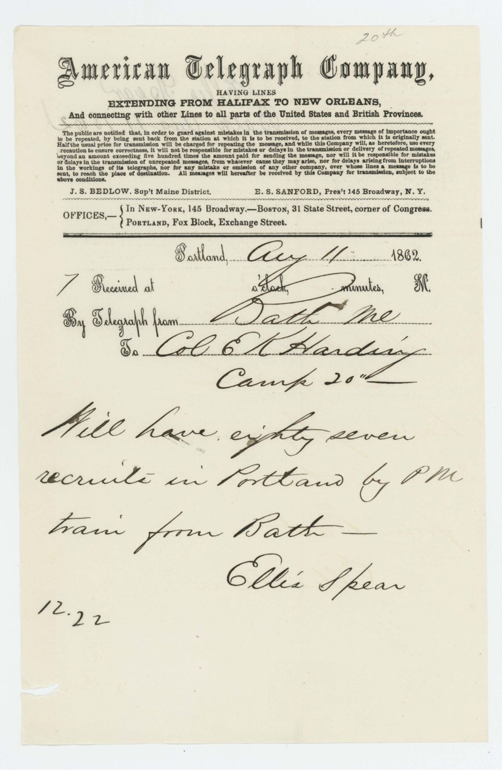 Miniature of Ellis Spear telegrams Colonel E.K. Harding that he is sending 87 recruits to Portland