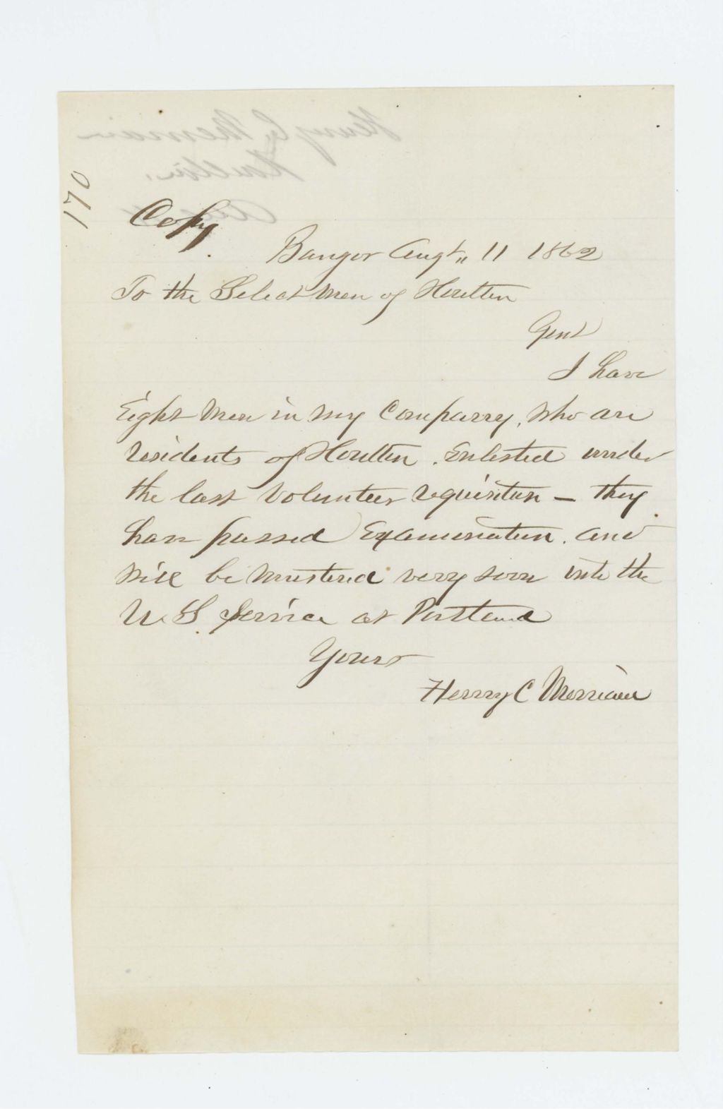 Miniature of Henry C. Merriam reports that he has enlisted eight men from Houlton