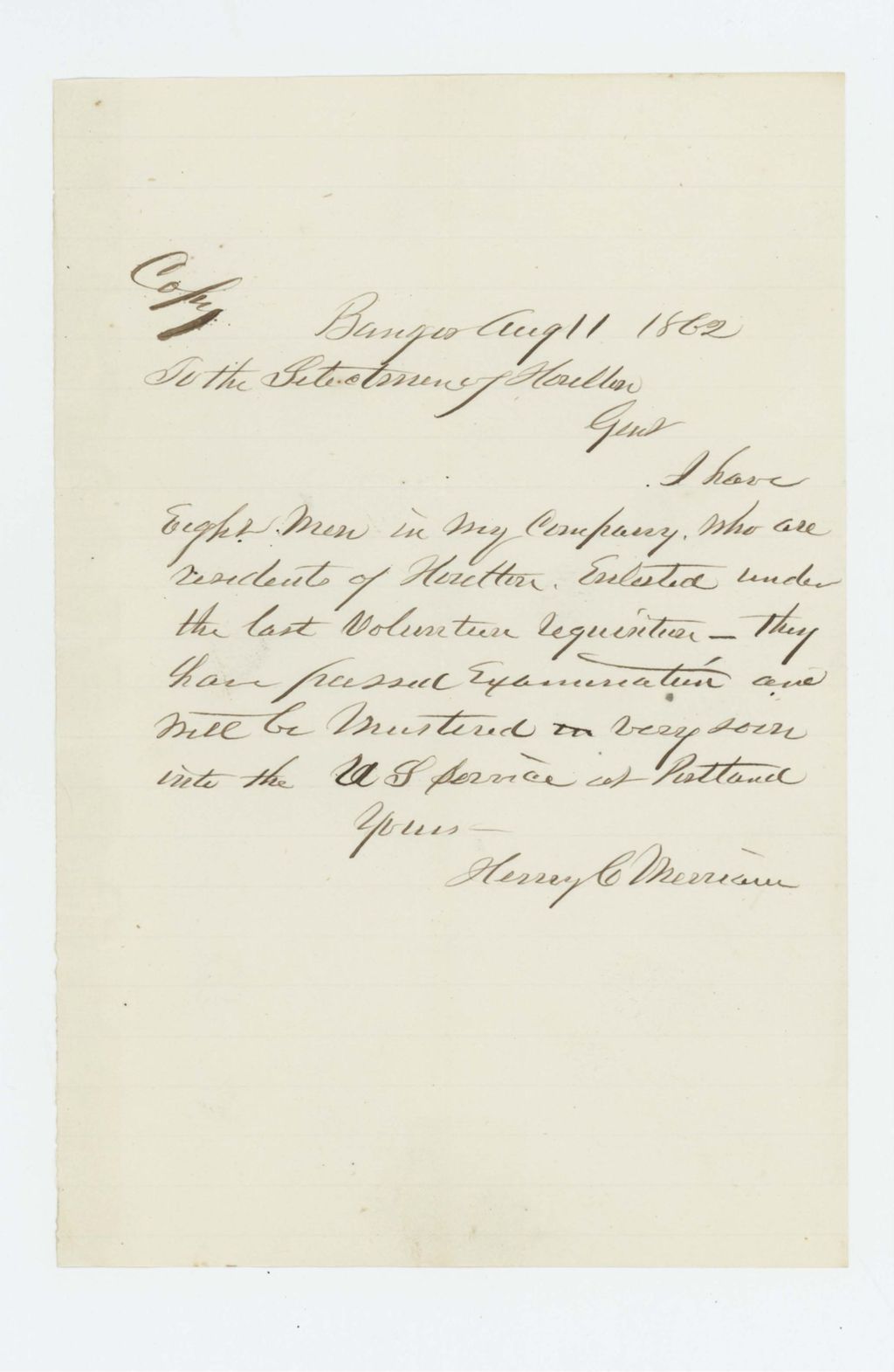 Miniature of Henry C. Merriam sends copy of letter reporting recruitment of 8 men from Houlton