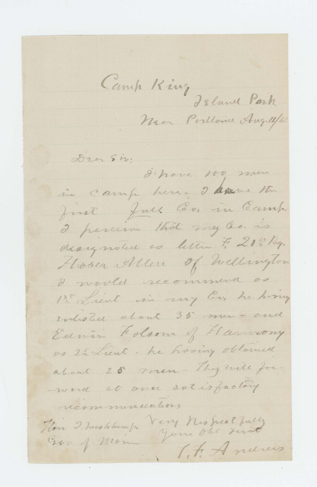 Miniature of T. F. Andrews reports that he has 100 men in camp
