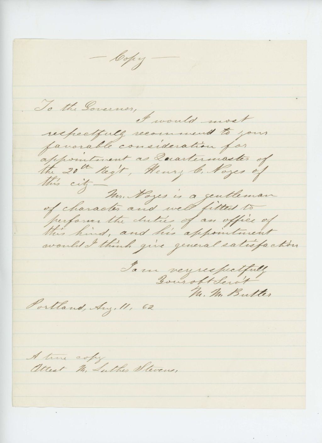 Miniature of Mr. Butler recommends Henry Noyes for appointment as quartermaster