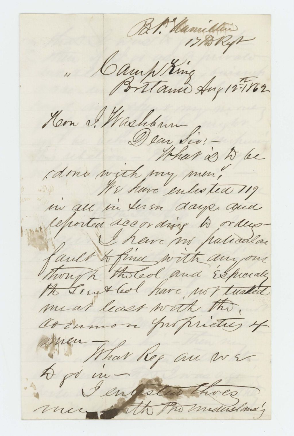 Miniature of B.F. Hamilton asks what to do with the 119 men he enlisted