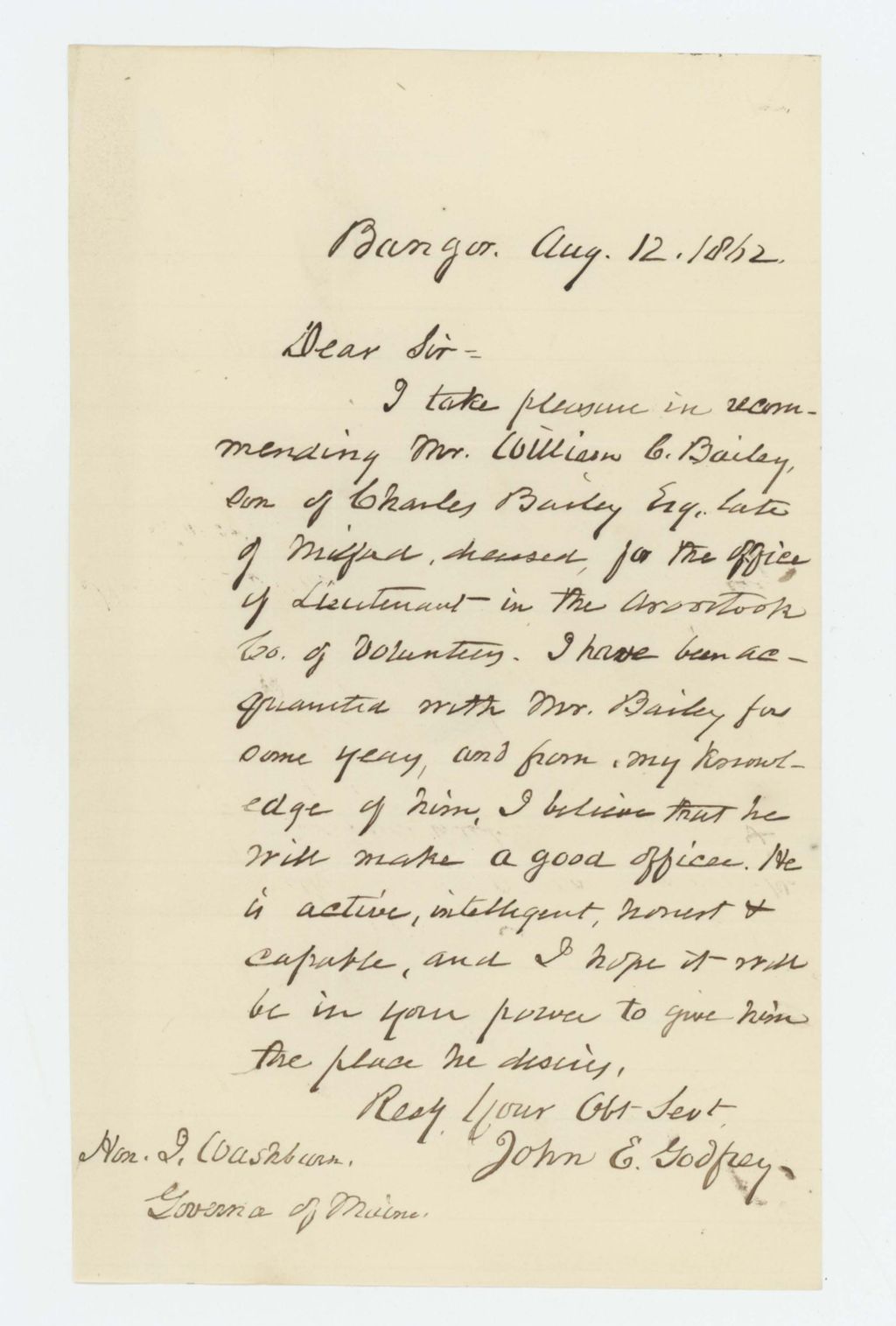 Miniature of John E. Godfrey recommends William Bailey for lieutenant