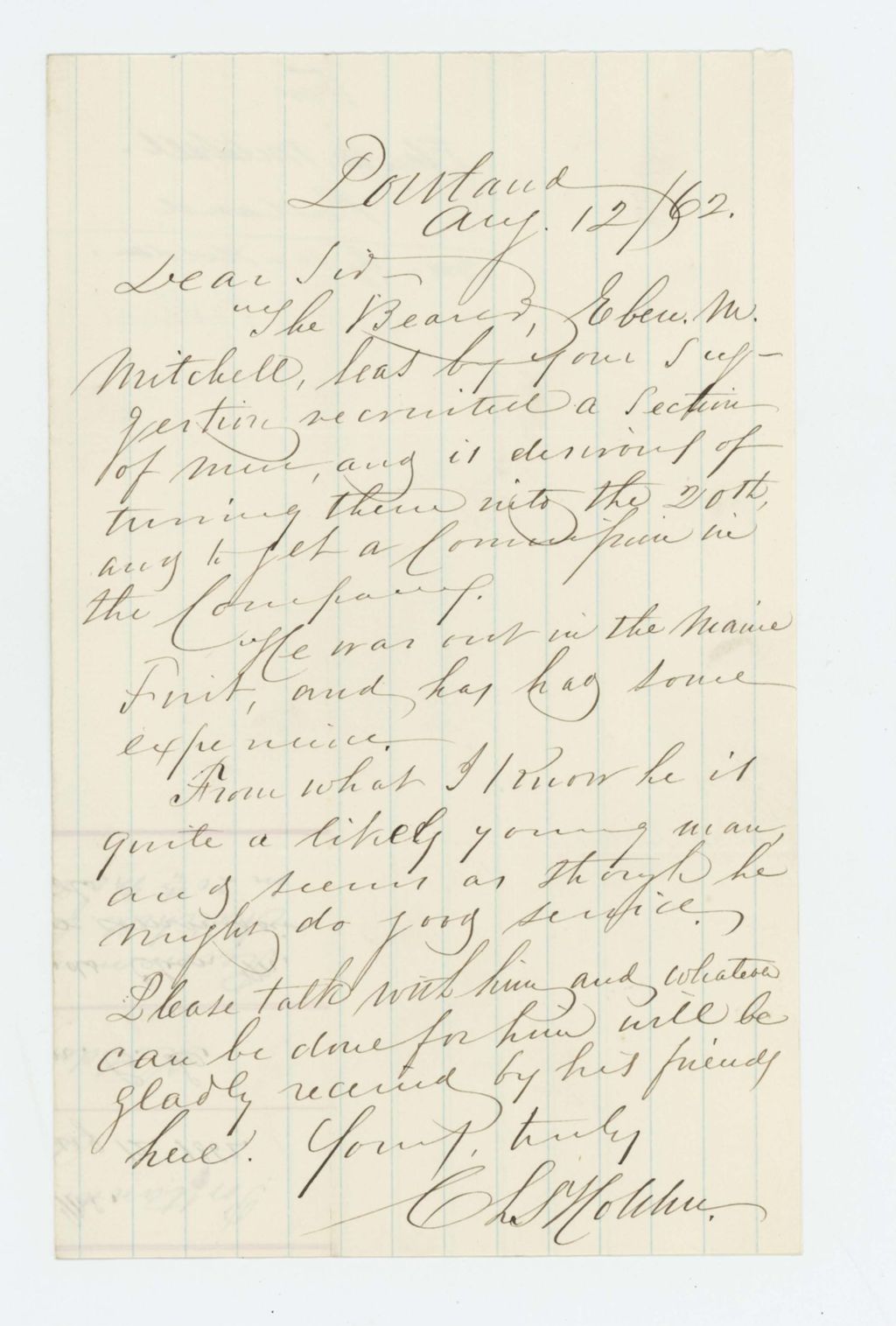 Miniature of C.L. Holden recommends Eben M. Mitchell for commission