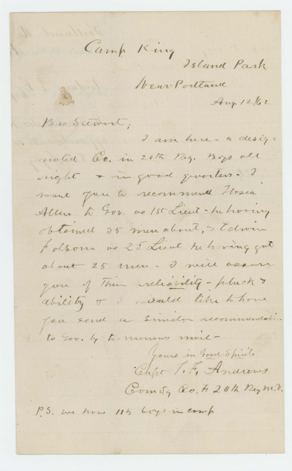 Miniature of Captain T.F. Andrews recommends Hosea Allen for appointment as 1st Lieutenant in Company F