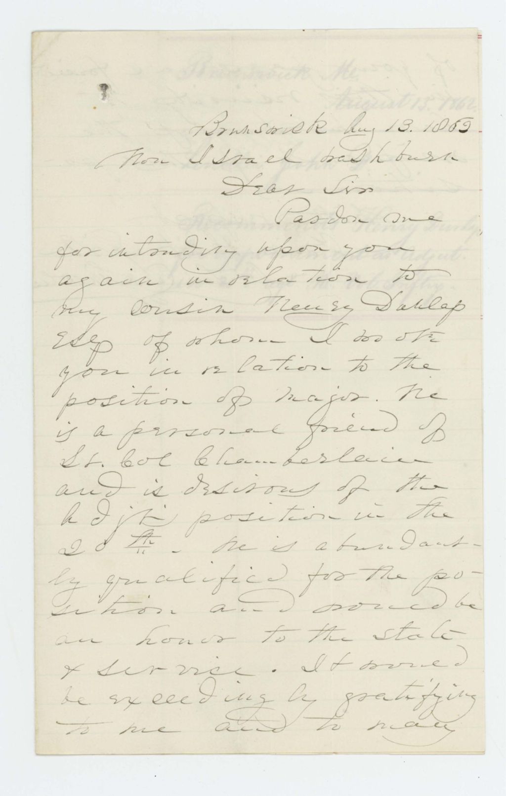Miniature of John D. Lindler recommends Henry Dunlap for appointment as Adjutant in the 20th Maine Regiment