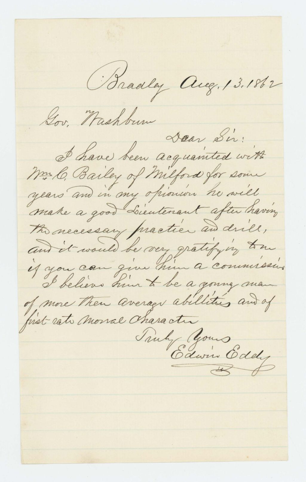 Miniature of Edwin Eddy recommends William C. Bailey for lieutenant