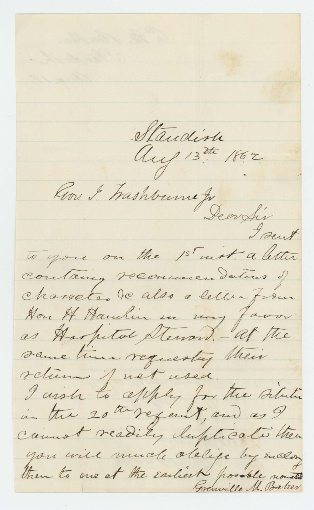 Miniature of Grenville Baker requests return of his letters of recommendation