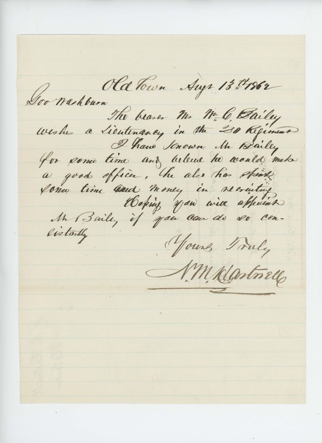 Miniature of N.M. Hartwell recommends W. C. Bailey for lieutenant