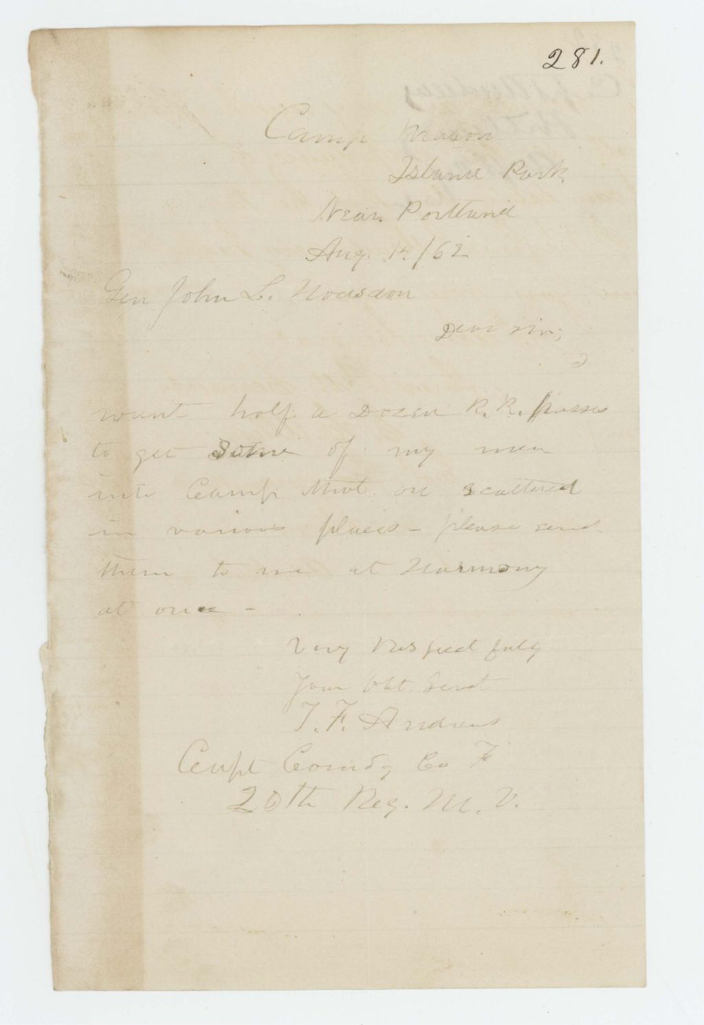 Miniature of T.F. Andrews requests railroad passes to move men into camp