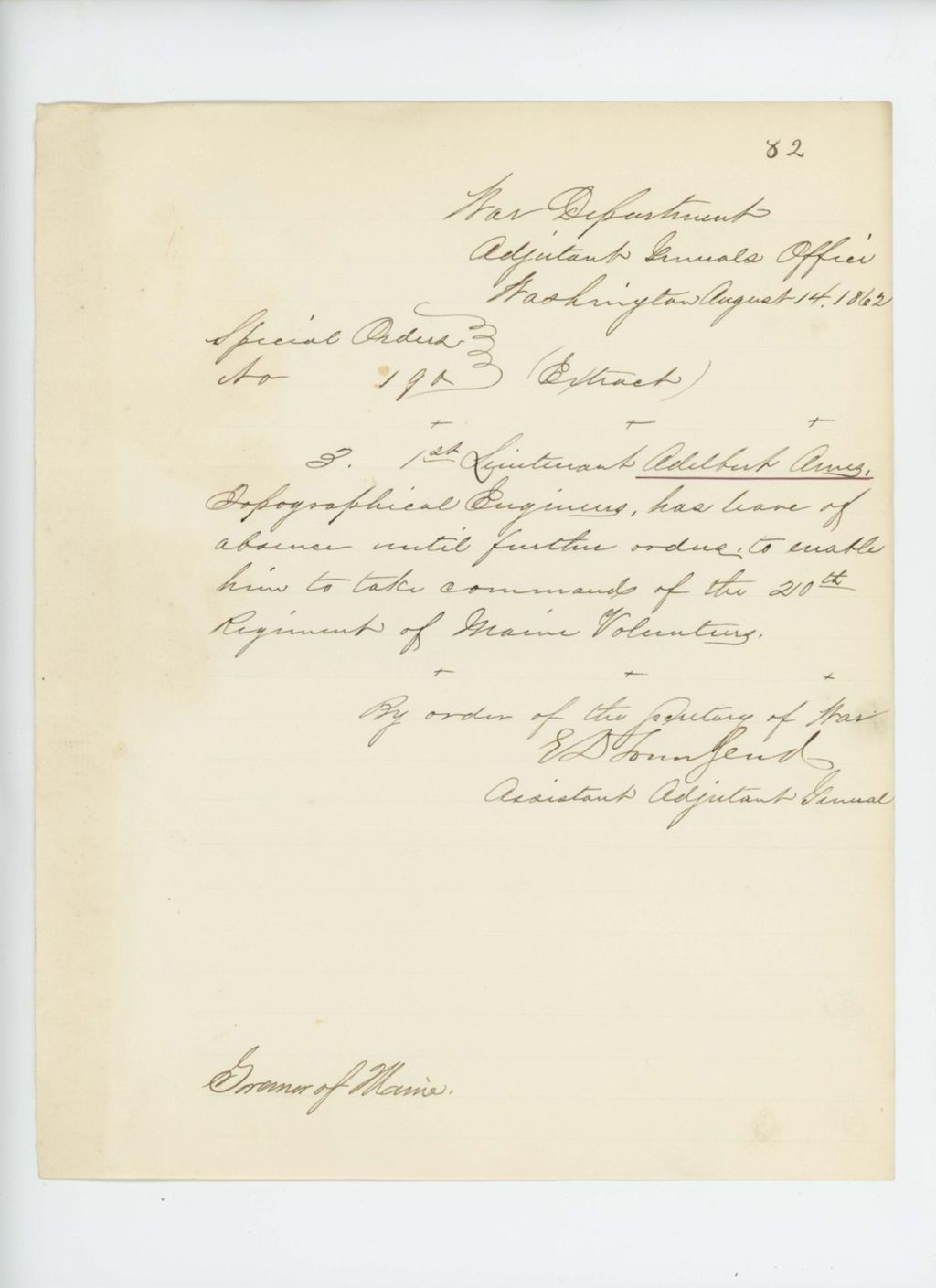 Miniature of Special Order 190 giving Adelbert Ames leave of absence to take command of 20th Maine Regiment