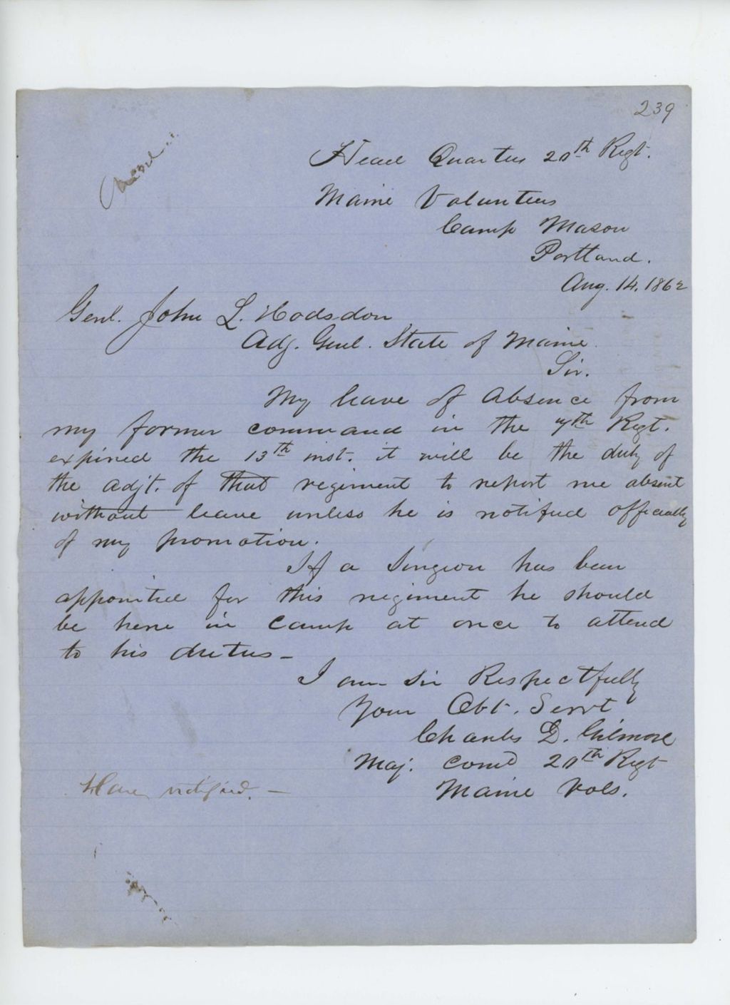Miniature of Major Charles Gilmore requests official notification of his promotion to the 20th Maine be sent to his former regiment (7th Maine)
