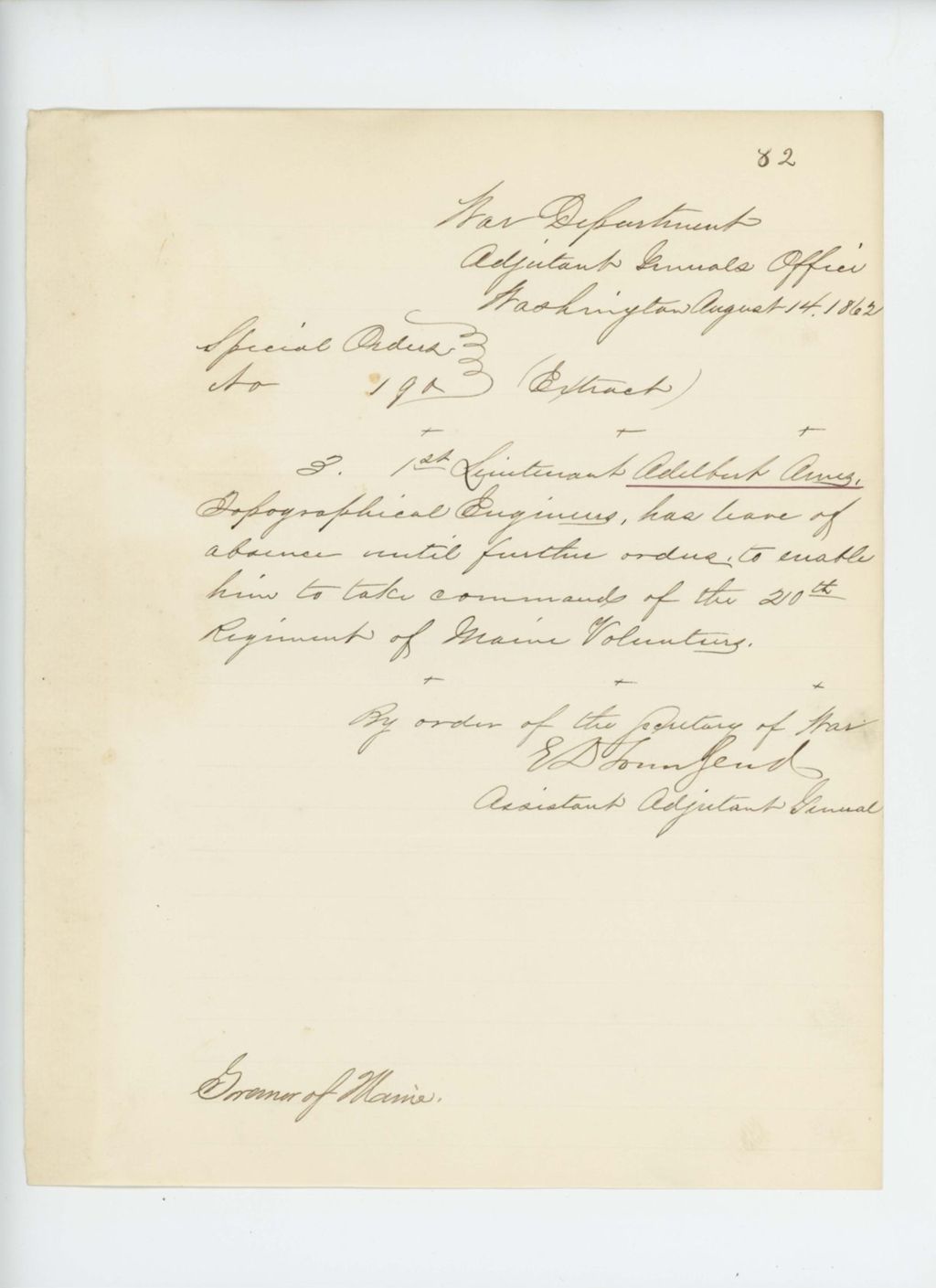 Miniature of Special Order 190 (Extract) giving Adelbert Ames leave of absence to take command of 20th Maine Regiment