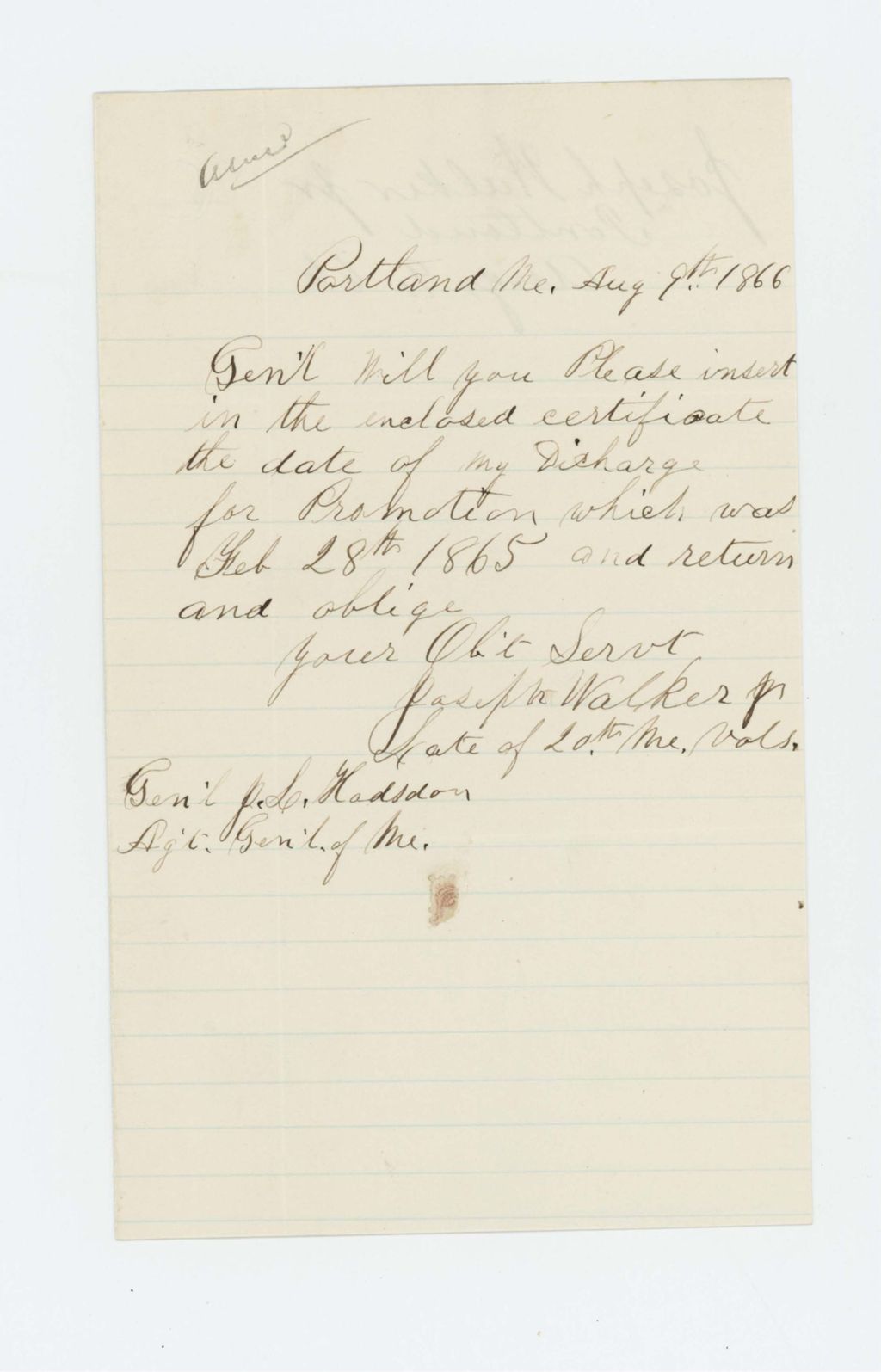 Miniature of Joseph Walker, Jr. requests a date of discharge on his certificate