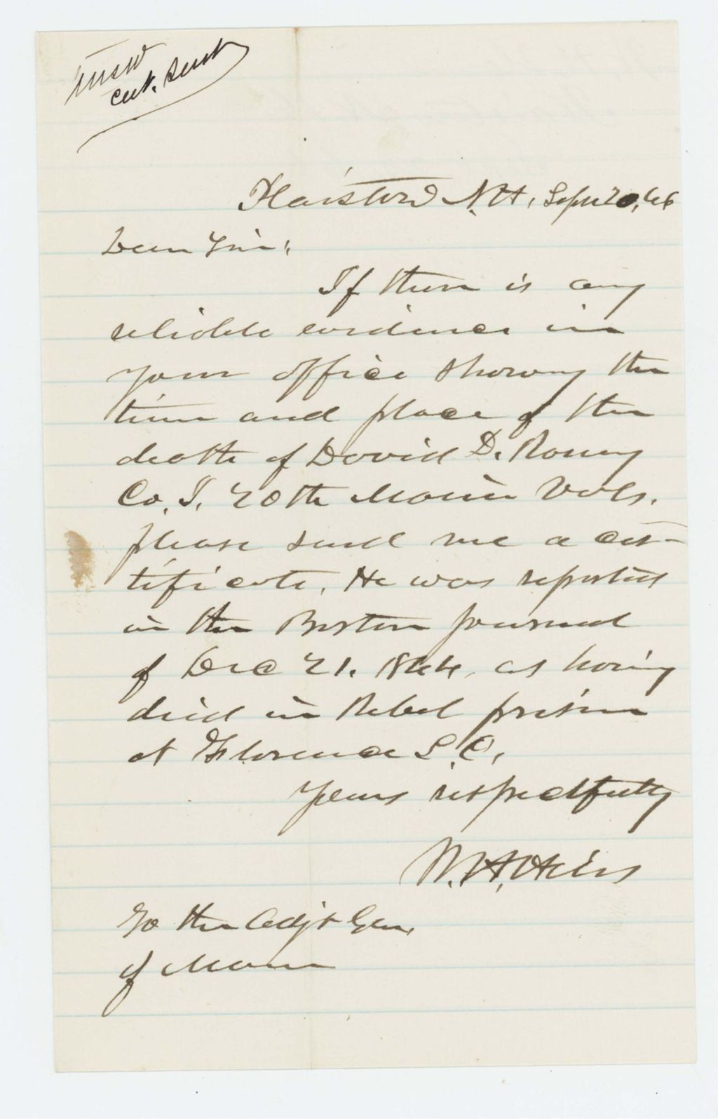 Miniature of Request for information on time and place of death of David Roney
