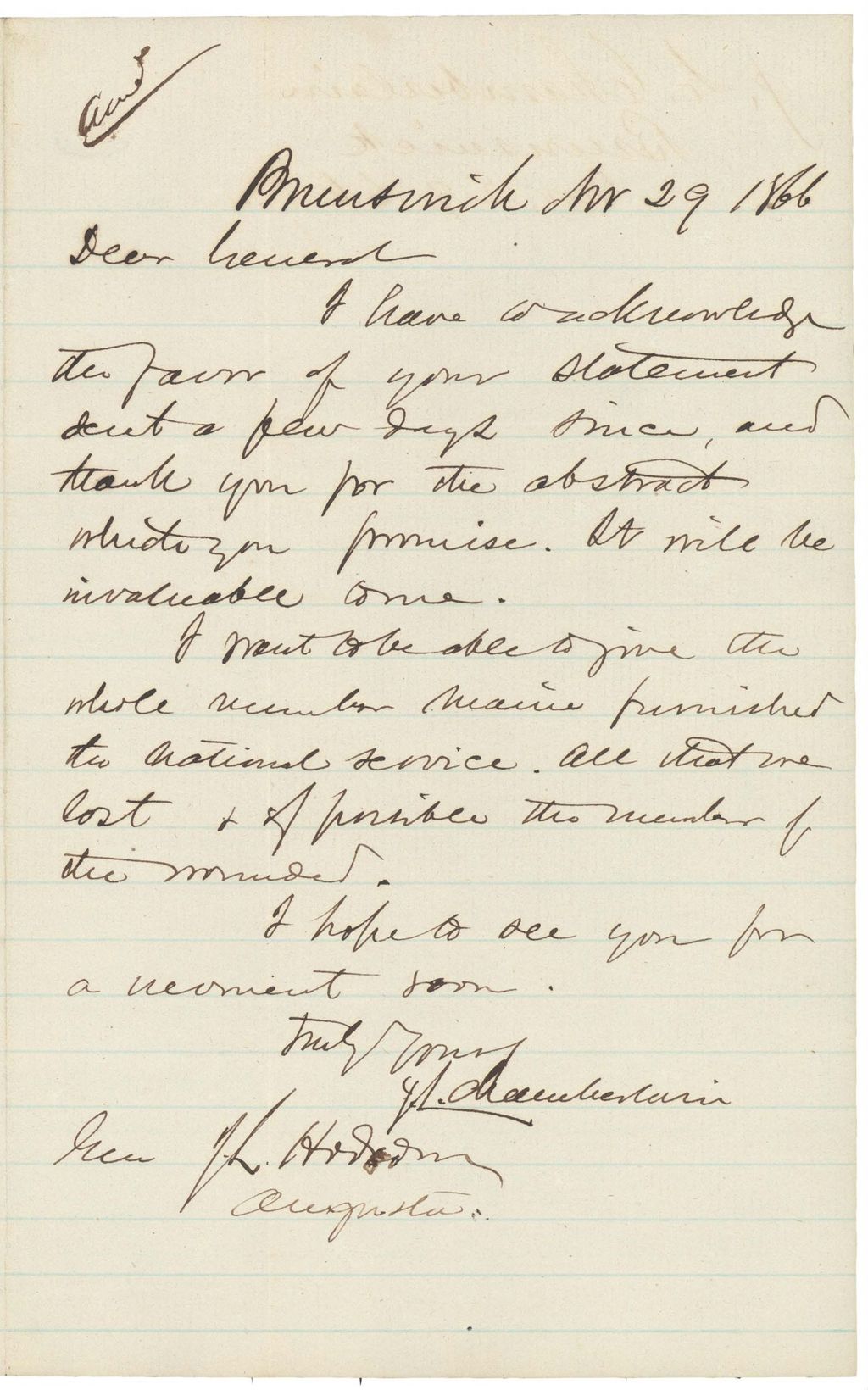 Miniature of Chamberlain letter to General Hodsdon