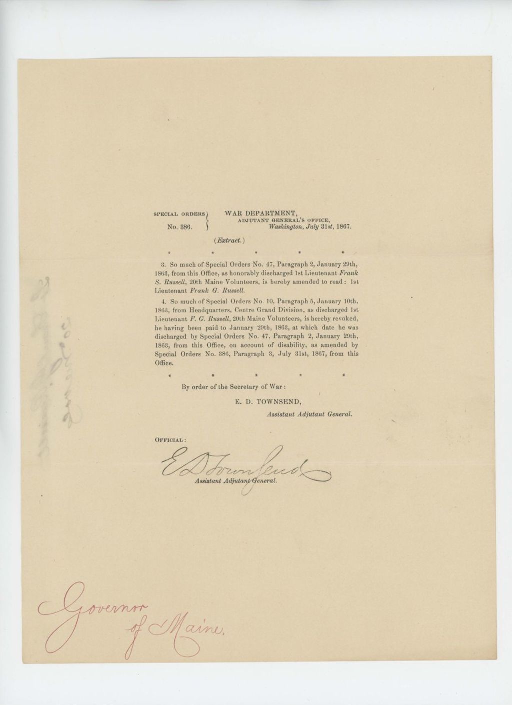 Miniature of Special Order 386 regarding Lieutenant Frank S. Russell