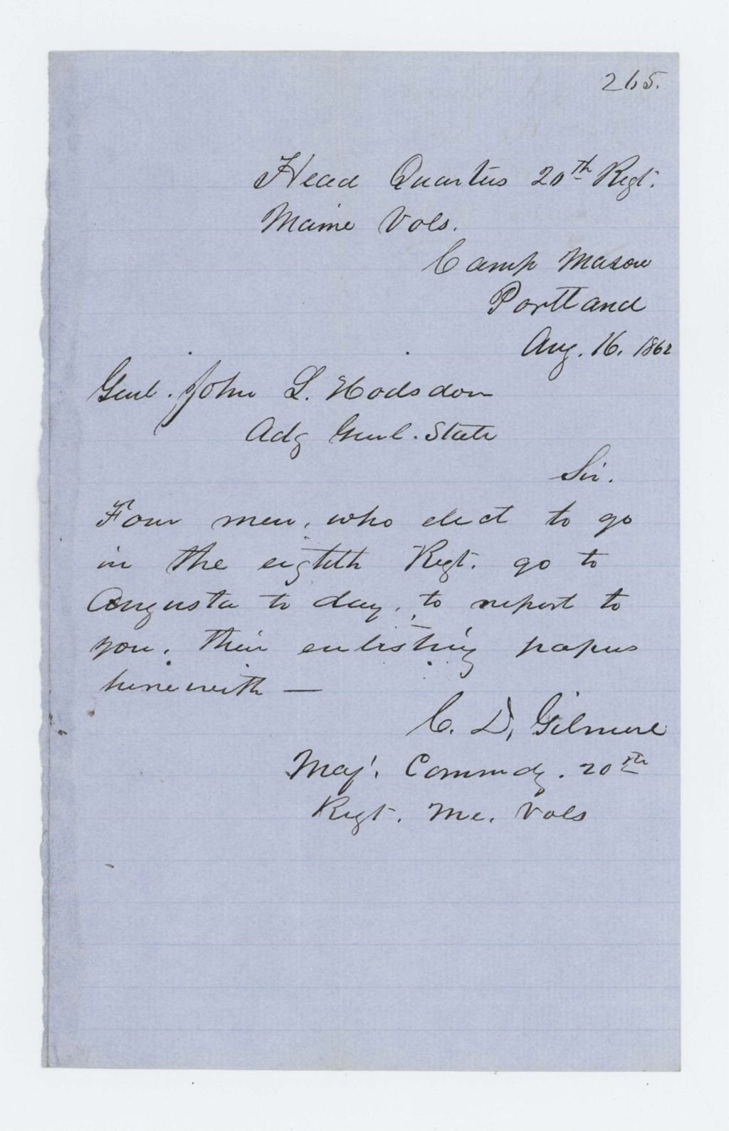 Miniature of Major Charles D. Gilmore notifies General Hodsdon of four men going to the 8th Maine Regiment