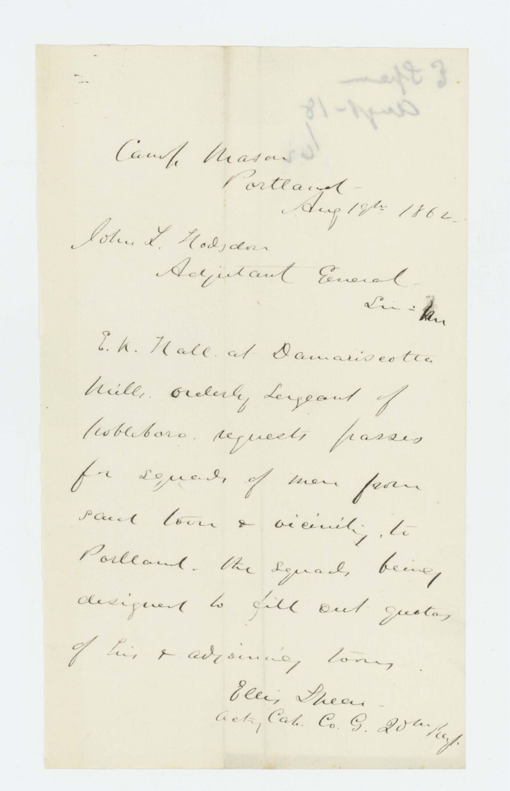 Miniature of Ellis Spear requests passes for E.K. Hill and squads from Damariscotta