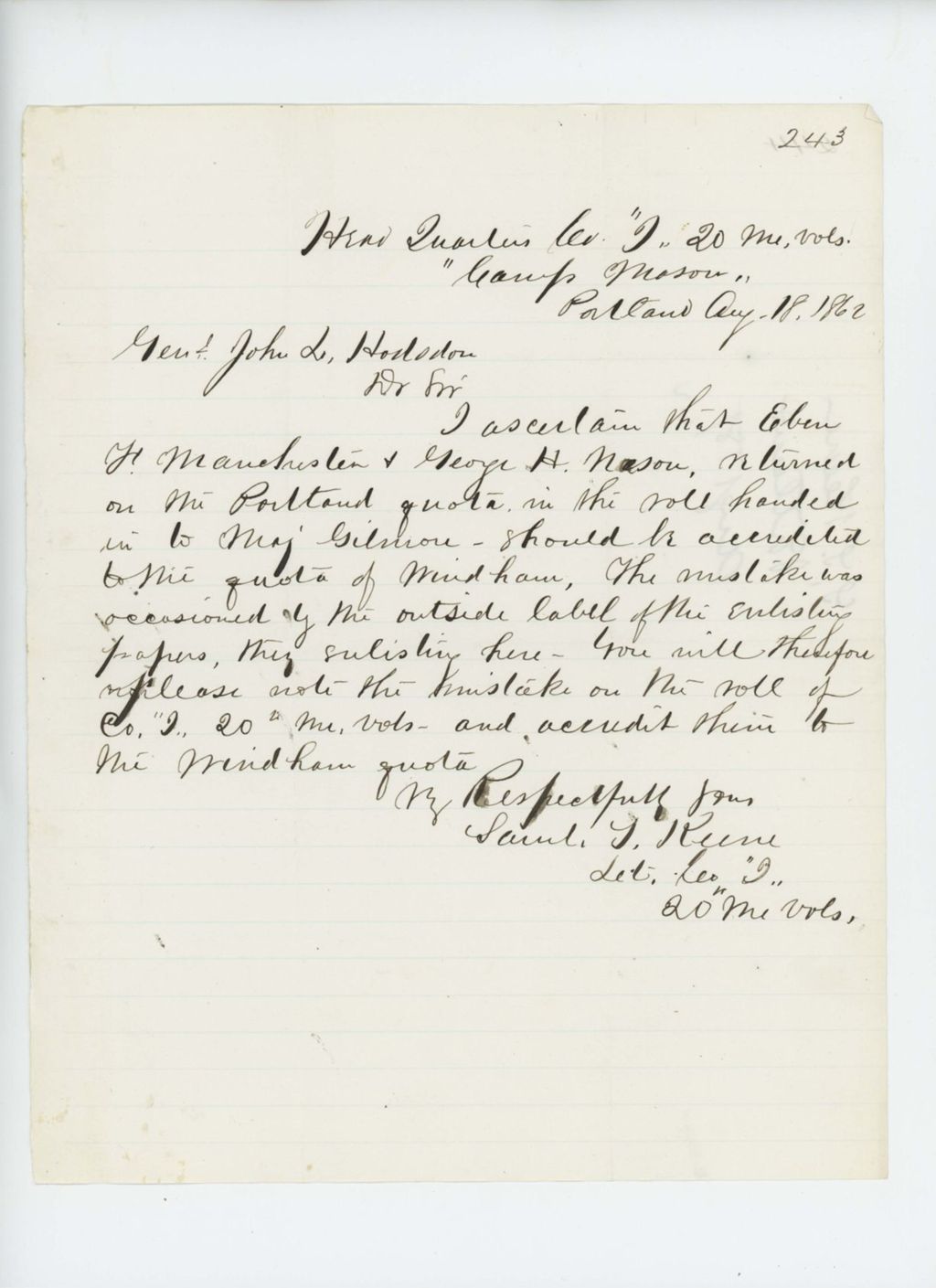 Miniature of Samuel Keene certifies that Eben Manchester and George Nason should be credited to Windham quota