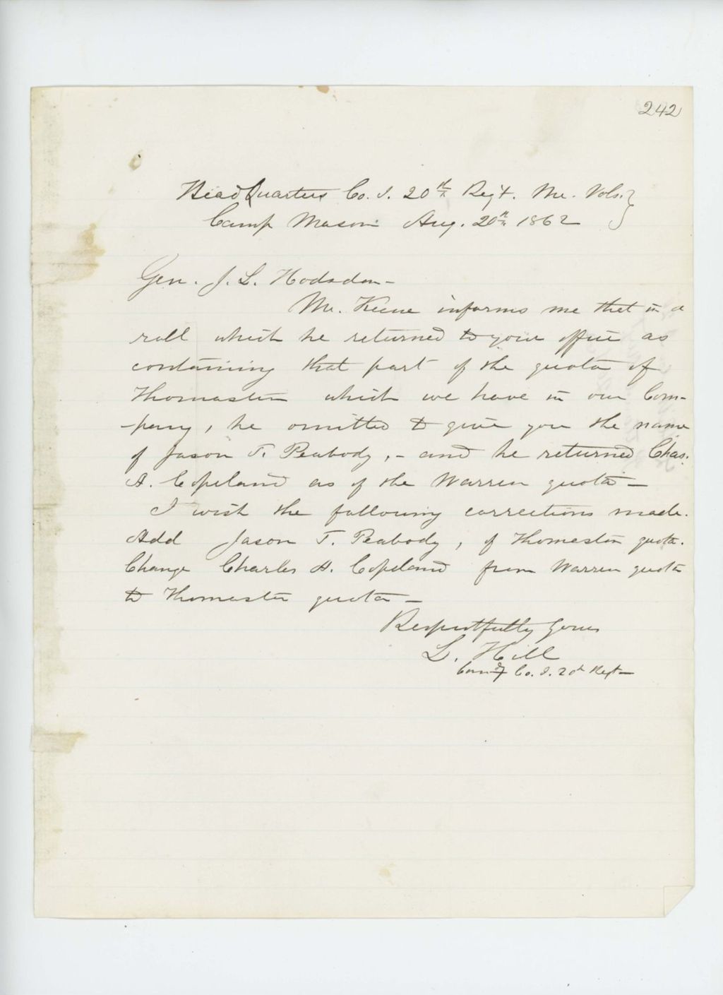 Miniature of Lysander Hill reports errors in quotas regarding Jason Peabody and Charles A. Copeland