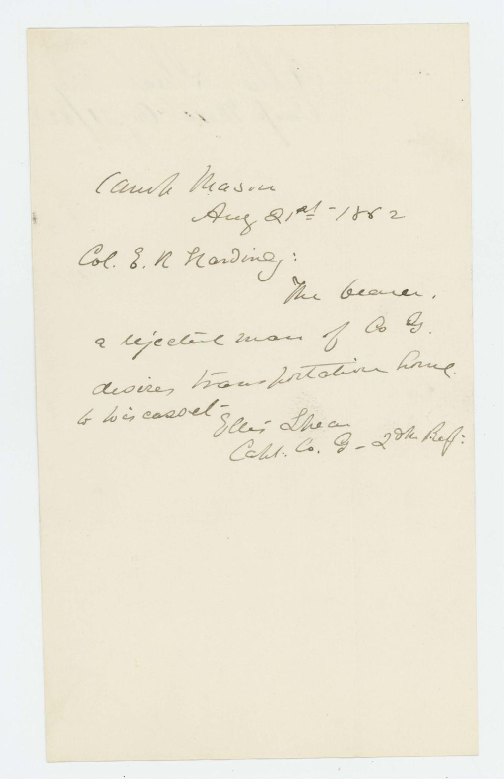 Miniature of Captain Ellis Spear requests transportation home for a rejected soldier
