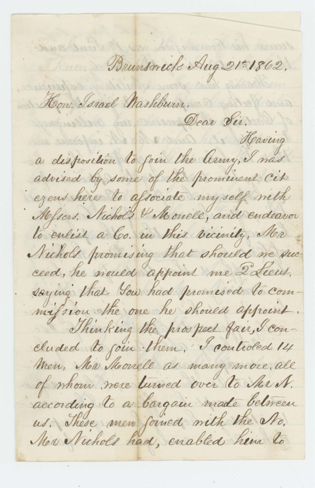 Miniature of Chester A. Greenleaf writes Governor Washburn regarding Lieutenant Nichols' broken promise of a commission