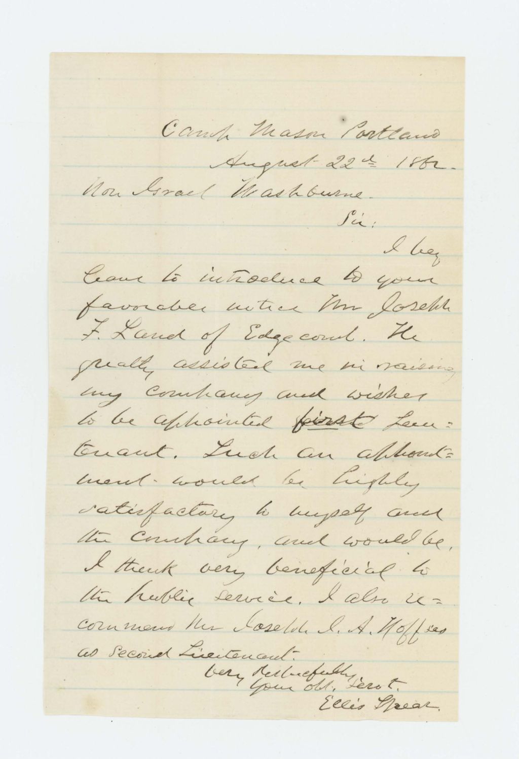 Miniature of Ellis Spear recommends Joseph F. Land for 1st Lieutenant and Joseph Hofses for 2nd Lieutenant