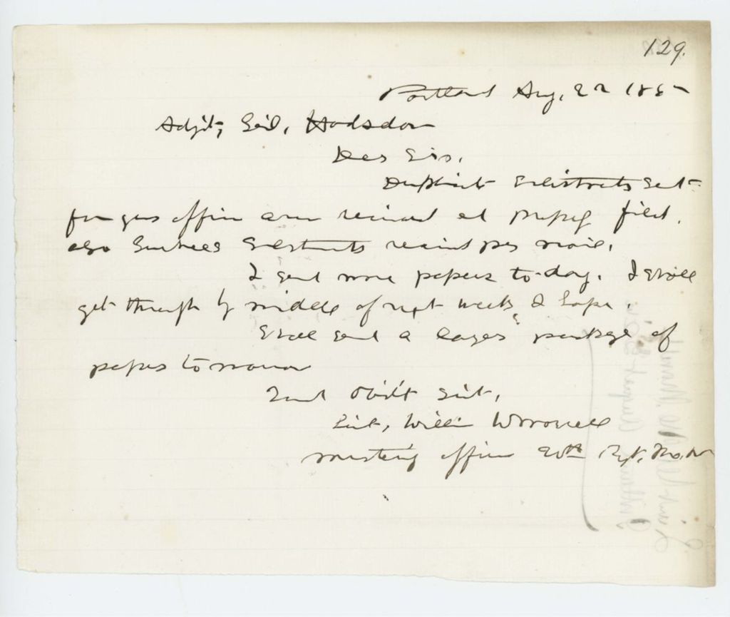 Miniature of William W. Morrell forwards enlistment papers to Adjutant General Hodsdon