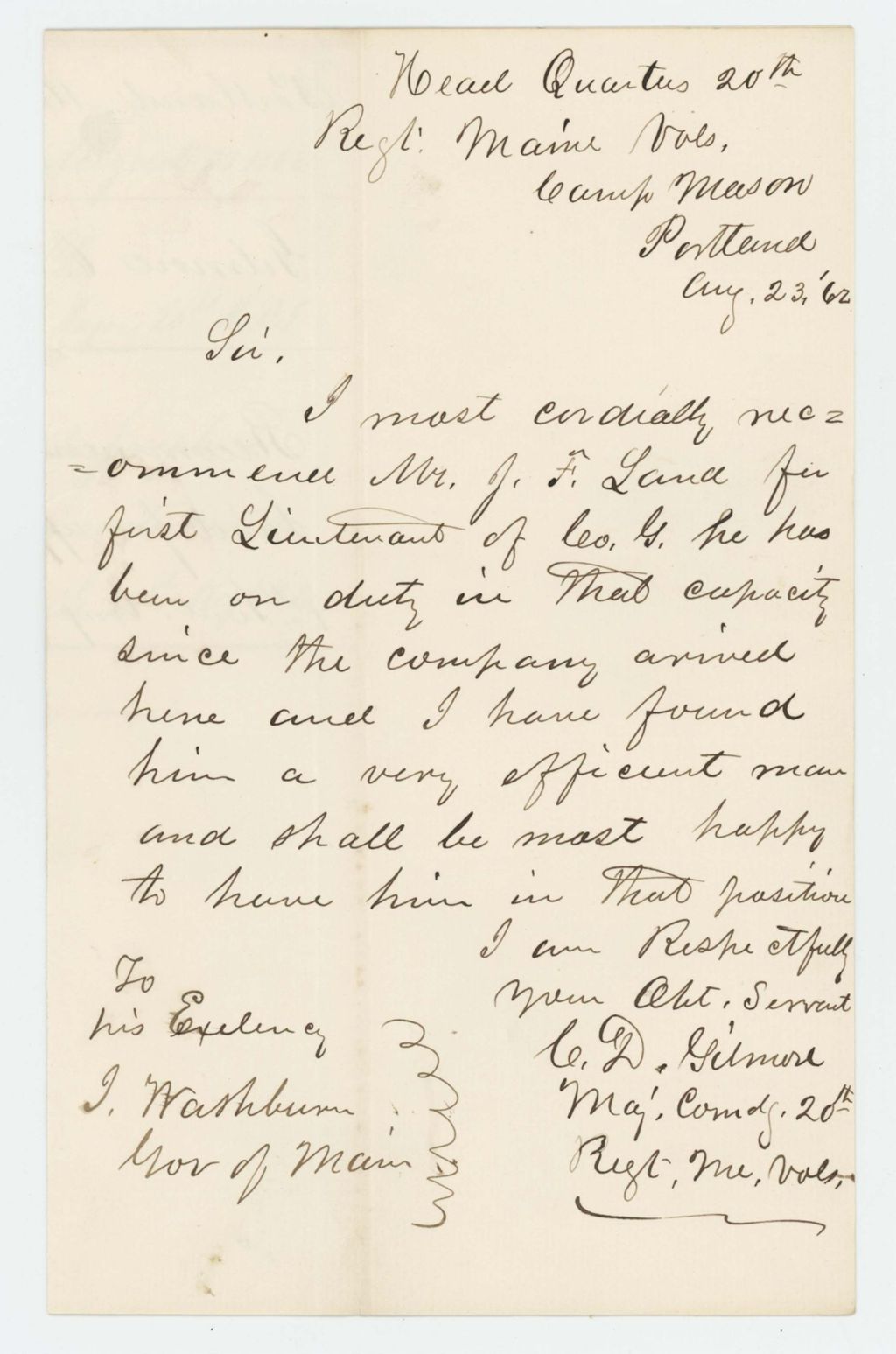 Miniature of Major Charles Gilmore recommends Joseph F. Land for 1st Lieutenant, Company G
