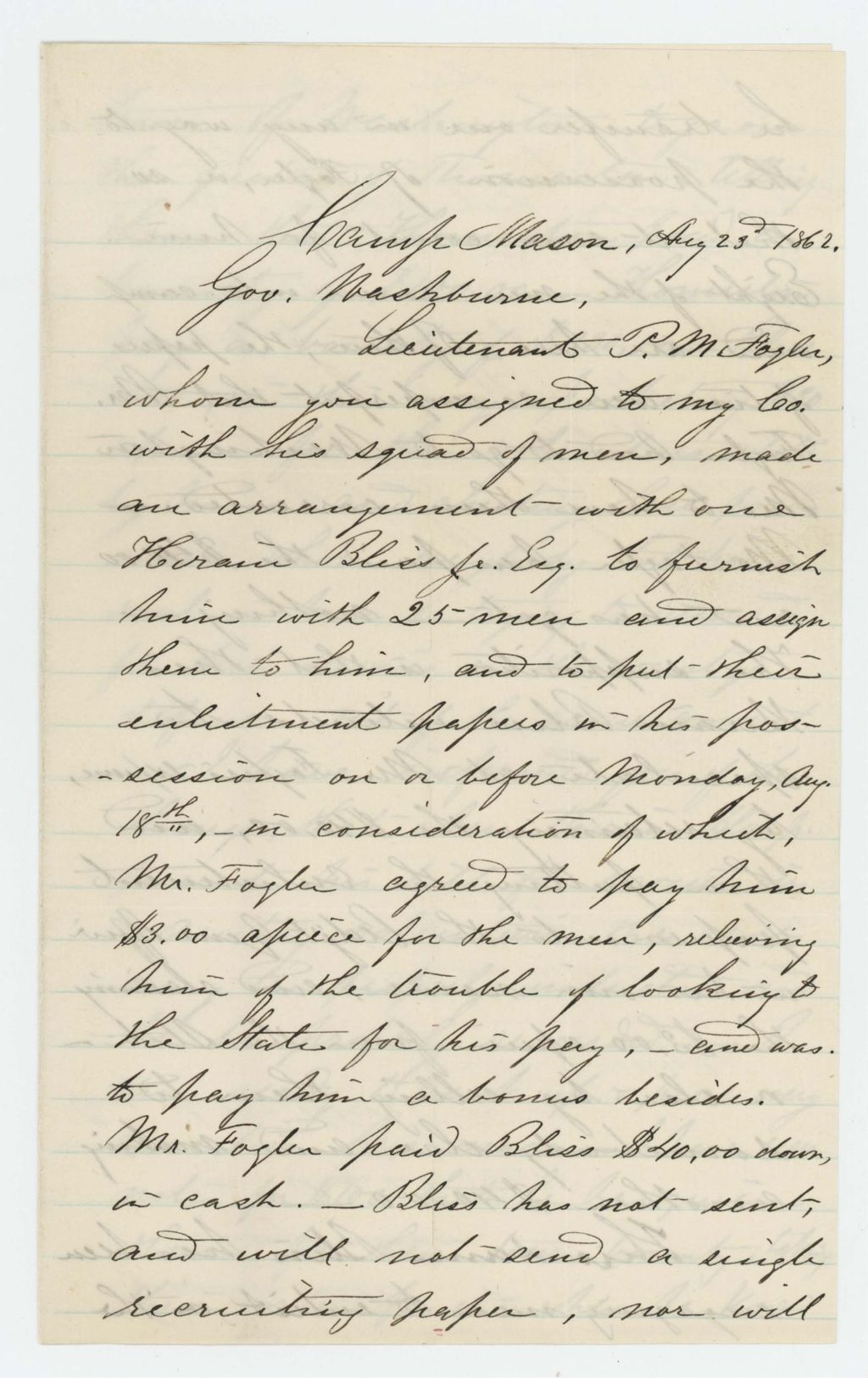 Miniature of Lysander Hill reports fraudulent recruitment practices by Hiram Bliss