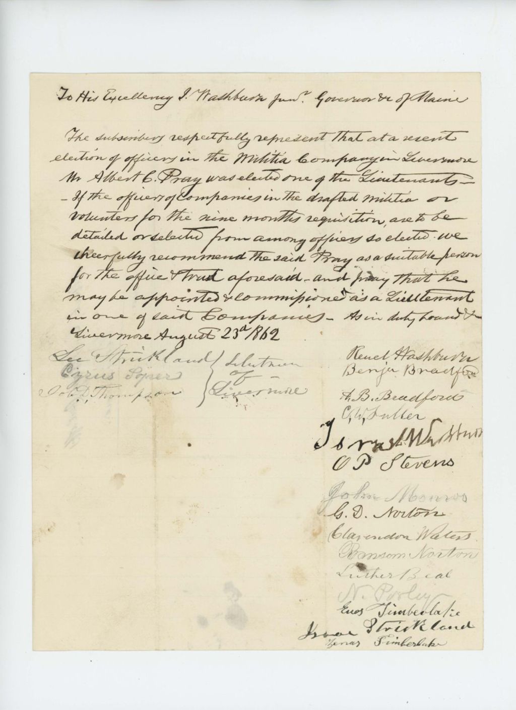 Miniature of Reuel Washburn and other of Livermore request appointment of Albert C. Pray as lieutenant