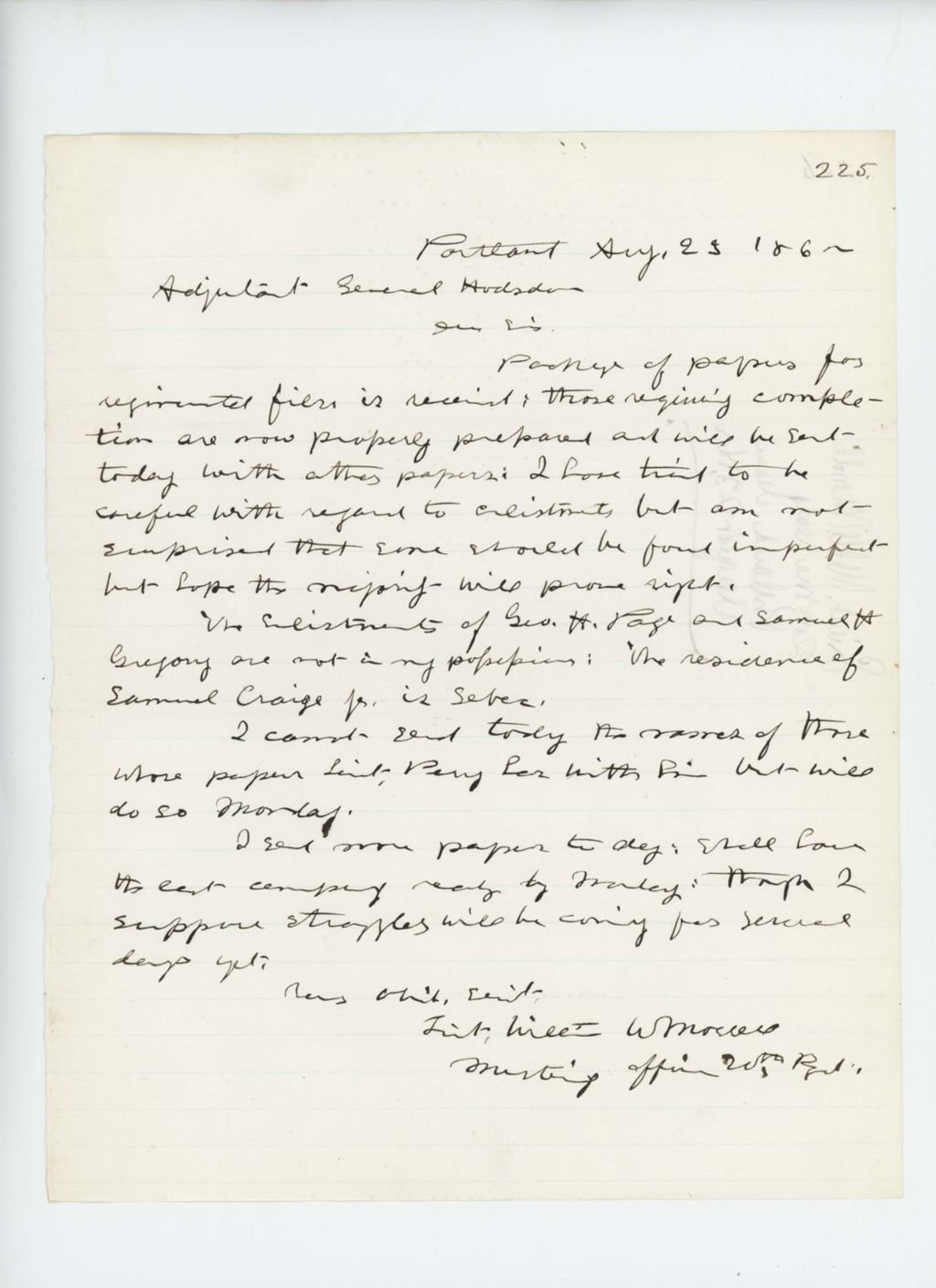 Miniature of William Morrell writes Adjutant General Hodsdon regarding regimental papers
