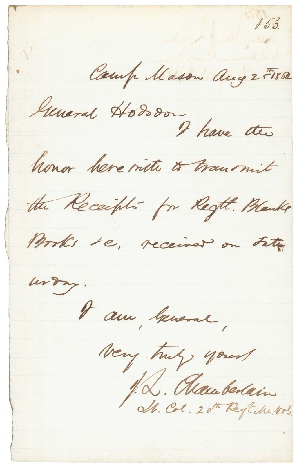 Miniature of Chamberlain writes to General Hodsdon regarding receipt of blankets and books