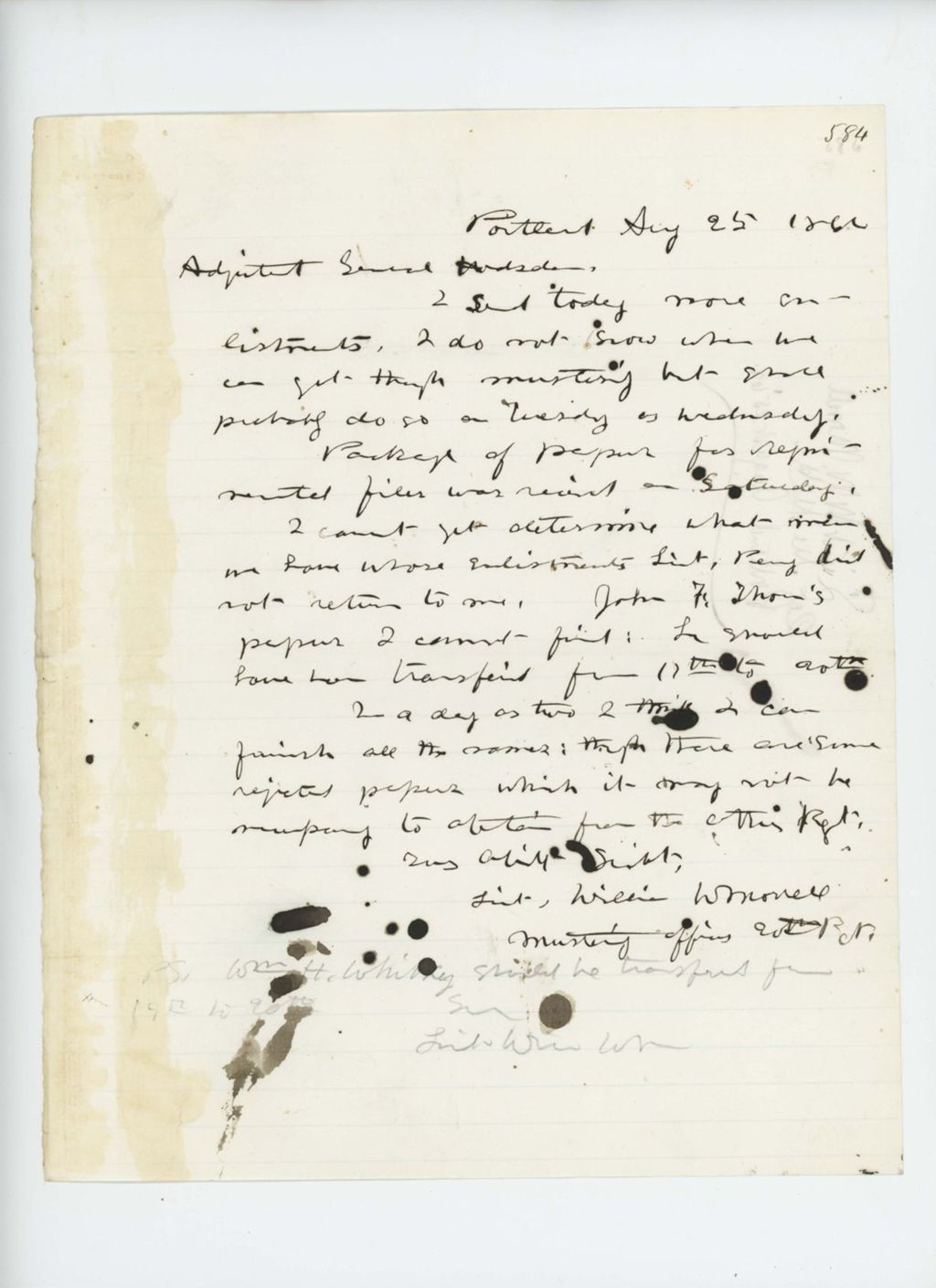 Miniature of Lieutenant William W. Morrell writes Adjutant General Hodsdon regarding new enlistments