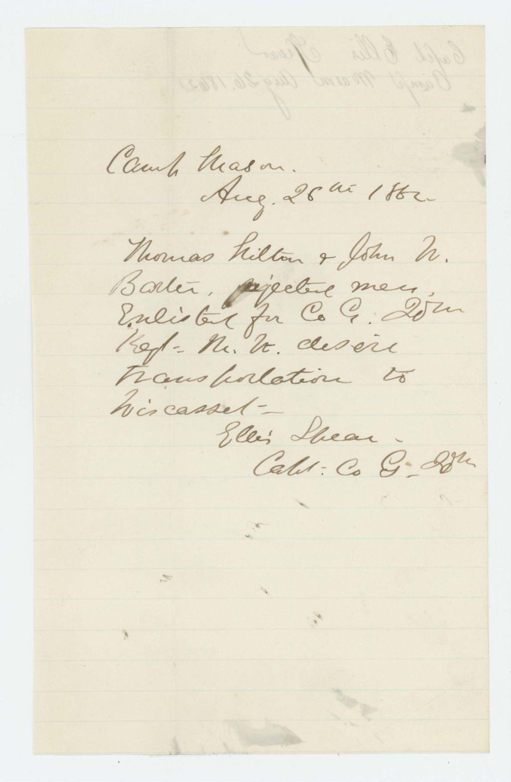 Miniature of Captain Ellis Spear requests transportation to Wiscasset for Thomas Hilton and John W. Barter